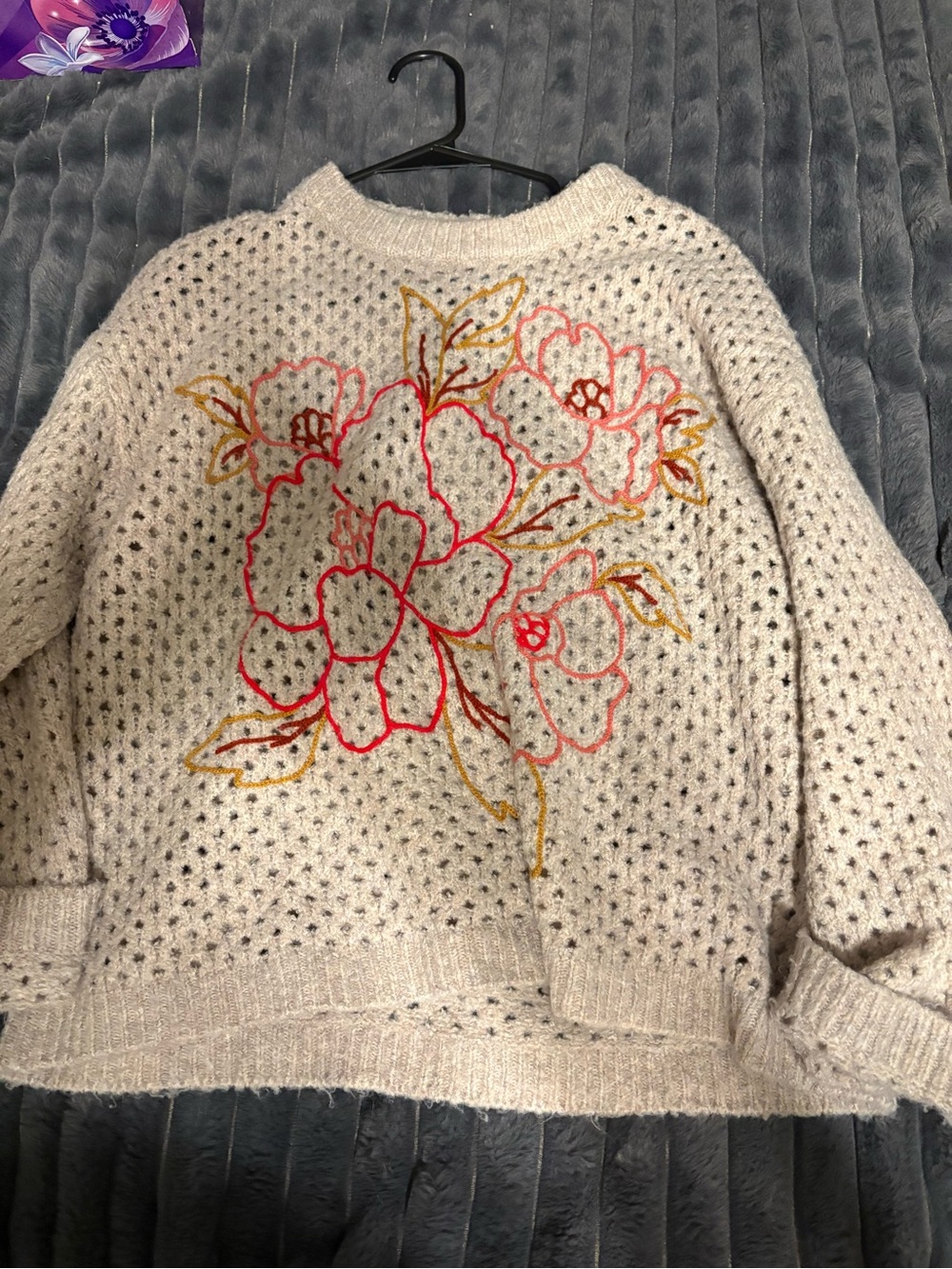 Democracy Cream Open-Knit Sweater with Pink and Gold Floral Embroidery
